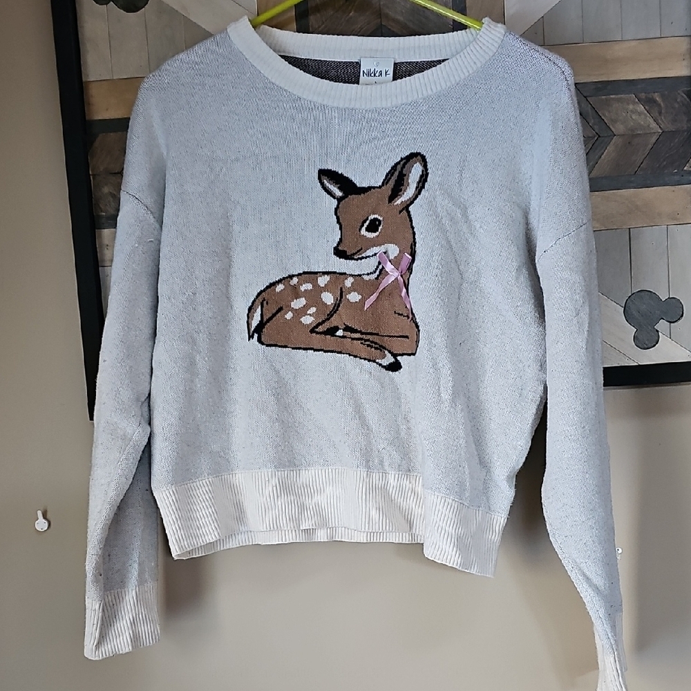 Nikka K Creamy Gray Fawn Deer Cropped Sweater Soft Relaxed Fit